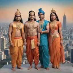 Lord Rama, Lord Krishna, Hanuman, and Radha reimagined in modern-day attire, standing together against the backdrop of a bustling contemporary cityscape in the world.