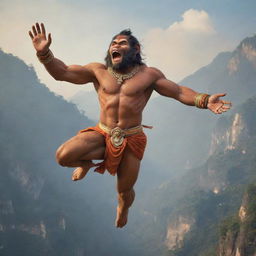 A dynamic portrayal of Hanuman, the revered monkey deity in Hindu mythology, depicted full of vigor, flying through the air with a mountain on one hand.