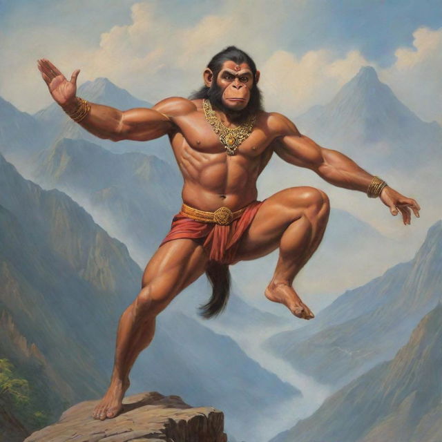 A dynamic portrayal of Hanuman, the revered monkey deity in Hindu mythology, depicted full of vigor, flying through the air with a mountain on one hand.