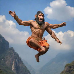 A dynamic portrayal of Hanuman, the revered monkey deity in Hindu mythology, depicted full of vigor, flying through the air with a mountain on one hand.