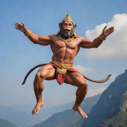 A dynamic portrayal of Hanuman, the revered monkey deity in Hindu mythology, depicted full of vigor, flying through the air with a mountain on one hand.