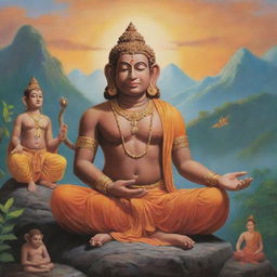 A supernatural encounter between Hanuman, the Hindu monkey deity, and Gautam Buddha, sitting in peaceful meditation, treasured teachings illuminated around them in a tranquil mountaintop setting.