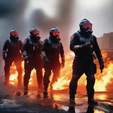 Superhero firefighters in the comic book 'The Inferno Squad' use futuristic fire hoses equipped with high-pressure water beams and advanced technology to battle against fire-based villains.