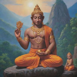 A supernatural encounter between Hanuman, the Hindu monkey deity, and Gautam Buddha, sitting in peaceful meditation, treasured teachings illuminated around them in a tranquil mountaintop setting.