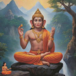 A supernatural encounter between Hanuman, the Hindu monkey deity, and Gautam Buddha, sitting in peaceful meditation, treasured teachings illuminated around them in a tranquil mountaintop setting.