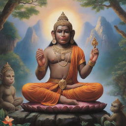 A supernatural encounter between Hanuman, the Hindu monkey deity, and Gautam Buddha, sitting in peaceful meditation, treasured teachings illuminated around them in a tranquil mountaintop setting.