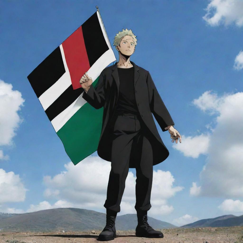 Gojo Satoru, a character from Jujutsu Kaisen, standing proud and tall in his usual attire, holding a Palestine flag fluttering in the wind. The atmosphere is serious and respectful.