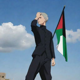 Gojo Satoru, a character from Jujutsu Kaisen, standing proud and tall in his usual attire, holding a Palestine flag fluttering in the wind. The atmosphere is serious and respectful.