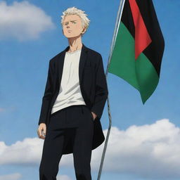 Gojo Satoru, a character from Jujutsu Kaisen, standing proud and tall in his usual attire, holding a Palestine flag fluttering in the wind. The atmosphere is serious and respectful.