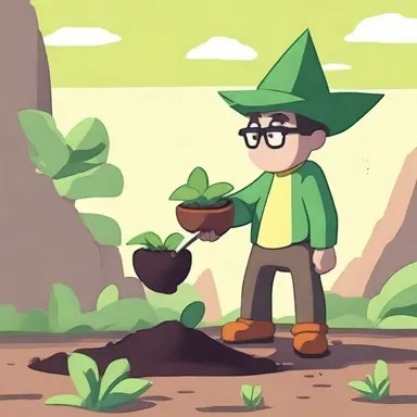 The animated character digs up a cormous plant from the ground to use as a weapon.
