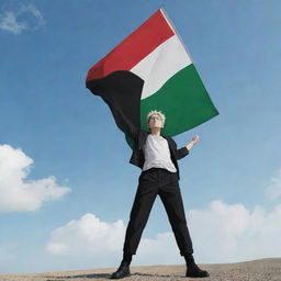 Gojo Satoru, a character from Jujutsu Kaisen, standing proud and tall in his usual attire, holding a Palestine flag fluttering in the wind. The atmosphere is serious and respectful.