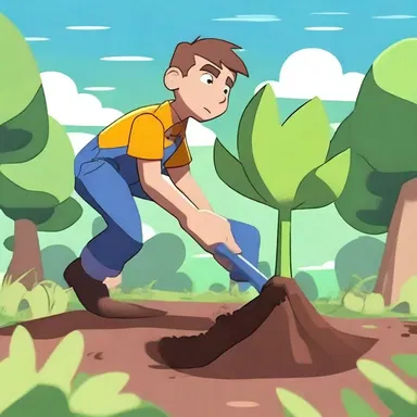 The animated character digs up a cormous plant from the ground to use as a weapon.