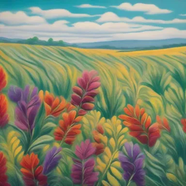 The painting depicts a vibrant field of cormous plants swaying in the breeze.