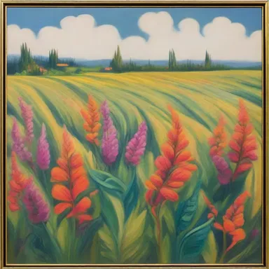 The painting depicts a vibrant field of cormous plants swaying in the breeze.