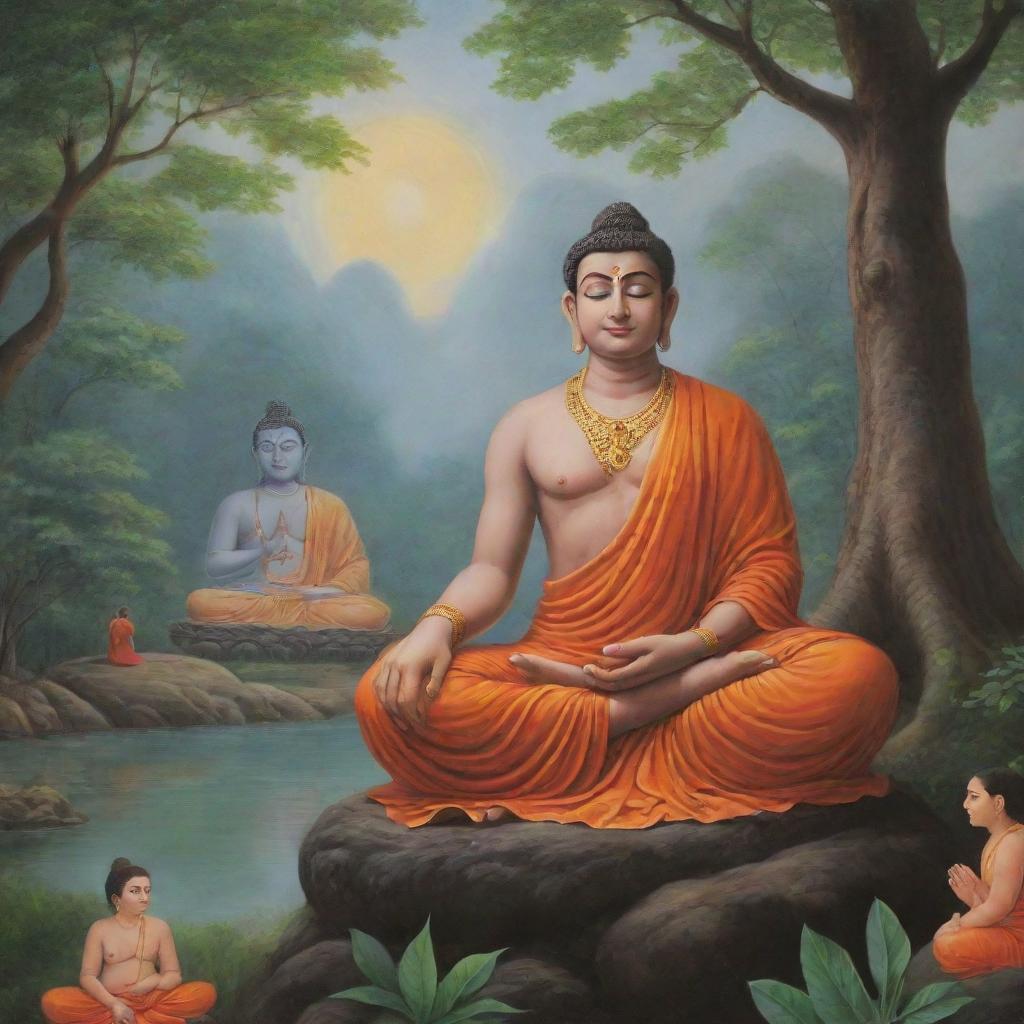 An imagination of Hanuman and Gautam Buddha in a single frame, illustrating a peaceful interaction, with Buddha meditating and Hanuman observing respectfully amidst a serene natural environment.