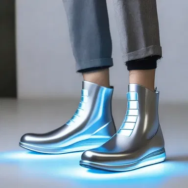 In the futuristic world of advanced technology, people often wear shoes with half soles that light up to indicate their presence.