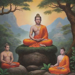 An imagination of Hanuman and Gautam Buddha in a single frame, illustrating a peaceful interaction, with Buddha meditating and Hanuman observing respectfully amidst a serene natural environment.