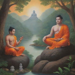 An imagination of Hanuman and Gautam Buddha in a single frame, illustrating a peaceful interaction, with Buddha meditating and Hanuman observing respectfully amidst a serene natural environment.