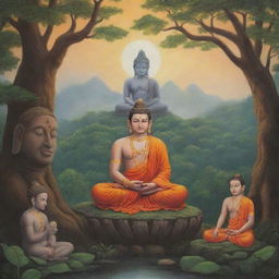 An imagination of Hanuman and Gautam Buddha in a single frame, illustrating a peaceful interaction, with Buddha meditating and Hanuman observing respectfully amidst a serene natural environment.