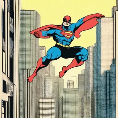 The superhero comic portrayed a bipedal character leaping over buildings in a single bound.