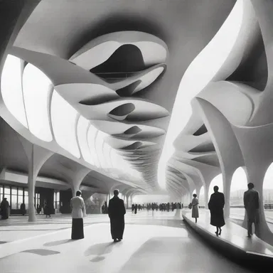 The futuristic building design incorporated wide walkways and spacious interior areas that were suitable for bipedal movement.