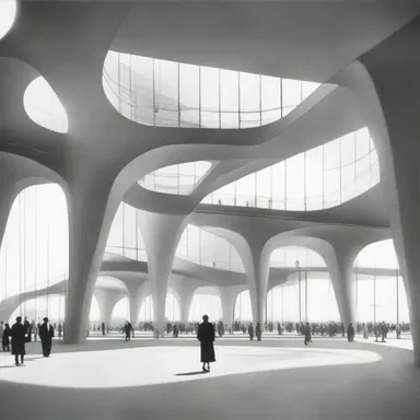 The futuristic building design incorporated wide walkways and spacious interior areas that were suitable for bipedal movement.