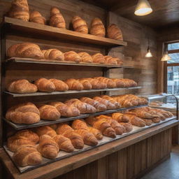 An idyllic, bustling bakery, full of freshly baked bread, croissants, and pastries, nestled in a rustic setting with warm lighting.