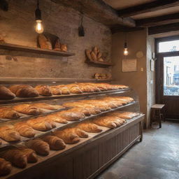 An idyllic, bustling bakery, full of freshly baked bread, croissants, and pastries, nestled in a rustic setting with warm lighting.