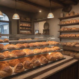 An idyllic, bustling bakery, full of freshly baked bread, croissants, and pastries, nestled in a rustic setting with warm lighting.