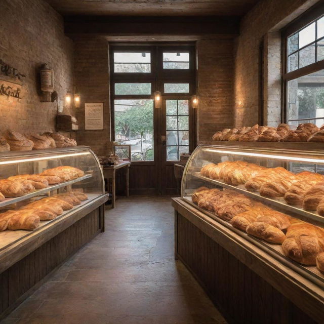 An idyllic, bustling bakery, full of freshly baked bread, croissants, and pastries, nestled in a rustic setting with warm lighting.