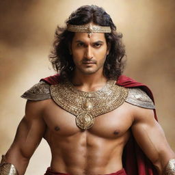 Mahesh Babu styled as Karna, a significant character in the Indian epic Mahabharata, in traditional Indian warrior attire with a radiant aura and determined expression.