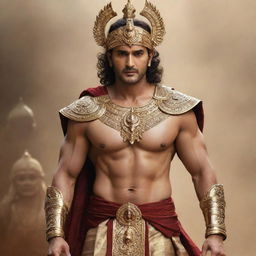 Mahesh Babu styled as Karna, a significant character in the Indian epic Mahabharata, in traditional Indian warrior attire with a radiant aura and determined expression.