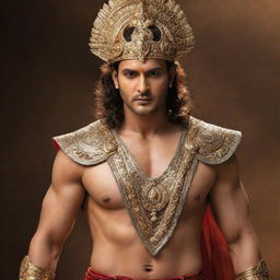 Mahesh Babu styled as Karna, a significant character in the Indian epic Mahabharata, in traditional Indian warrior attire with a radiant aura and determined expression.