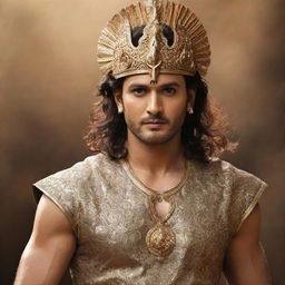 Mahesh Babu styled as Karna, a significant character in the Indian epic Mahabharata, in traditional Indian warrior attire with a radiant aura and determined expression.