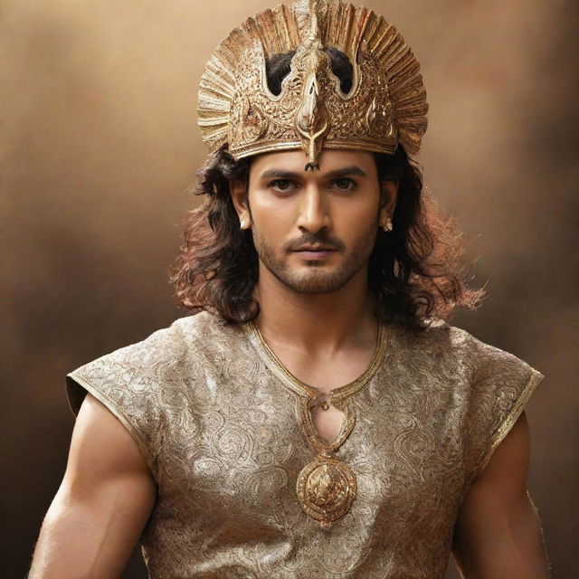 Mahesh Babu styled as Karna, a significant character in the Indian epic Mahabharata, in traditional Indian warrior attire with a radiant aura and determined expression.