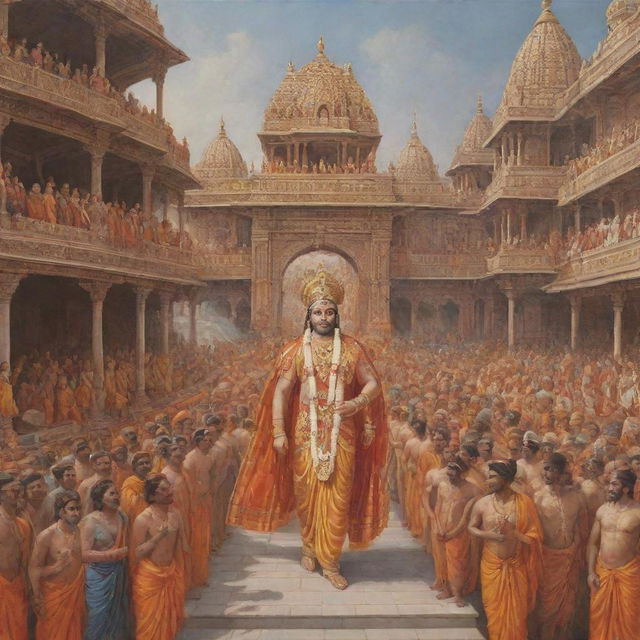 A grand depiction of Shree Ram entering the beautifully ornate Ram Mandir. Richly dressed in traditional attire, he is accompanied by a procession and amidst reverential crowd.