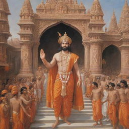 A grand depiction of Shree Ram entering the beautifully ornate Ram Mandir. Richly dressed in traditional attire, he is accompanied by a procession and amidst reverential crowd.