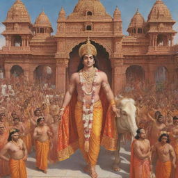 A grand depiction of Shree Ram entering the beautifully ornate Ram Mandir. Richly dressed in traditional attire, he is accompanied by a procession and amidst reverential crowd.