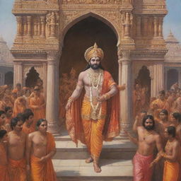 A grand depiction of Shree Ram entering the beautifully ornate Ram Mandir. Richly dressed in traditional attire, he is accompanied by a procession and amidst reverential crowd.