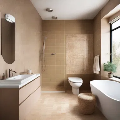 The designer used fawn-colored tiles in the bathroom to create a warm and cozy atmosphere.