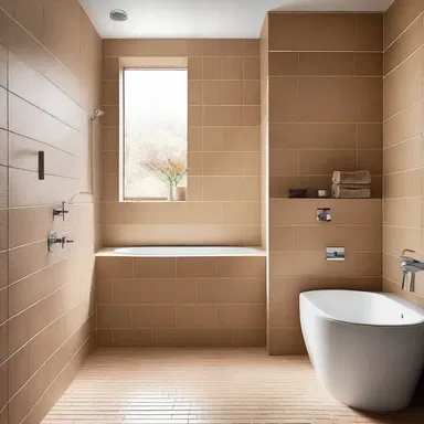 The designer used fawn-colored tiles in the bathroom to create a warm and cozy atmosphere.