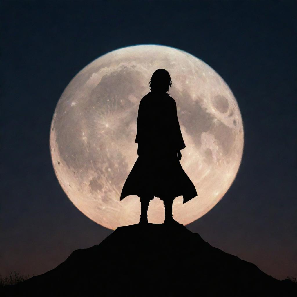 A silhouette of Itachi Uchiha standing on a glowing moon against a dark night sky