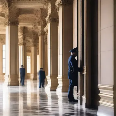 The unalert security guard fails to notice the suspicious activity happening inside the architecturally stunning building.