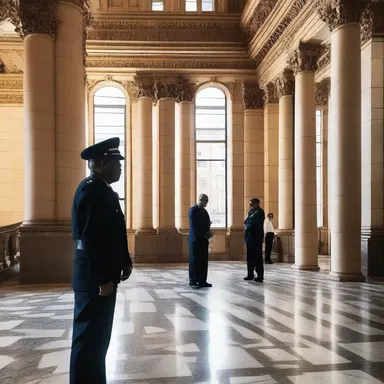 The unalert security guard fails to notice the suspicious activity happening inside the architecturally stunning building.