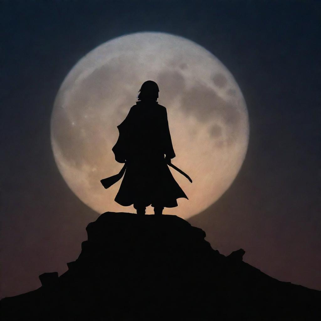 A silhouette of Itachi Uchiha standing on a glowing moon against a dark night sky