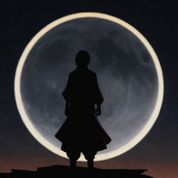 A silhouette of Itachi Uchiha standing on a glowing moon against a dark night sky