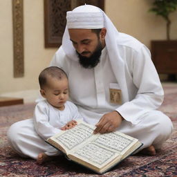 A small child named Aiswha being taught to recite the Quran by his father in a serene and peaceful environment.