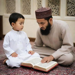 A small child named Aiswha being taught to recite the Quran by his father in a serene and peaceful environment.