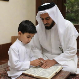 A small child named Aiswha being taught to recite the Quran by his father in a serene and peaceful environment.