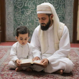 A small child named Aiswha being taught to recite the Quran by his father in a serene and peaceful environment.